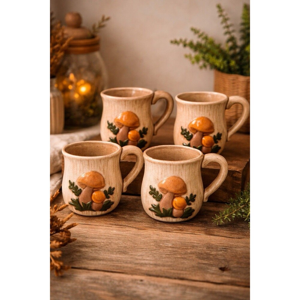Vintage 1980 Mushroom Mug Set of 4 Hand Painted Rustic Cottagecore Ceramic Cups